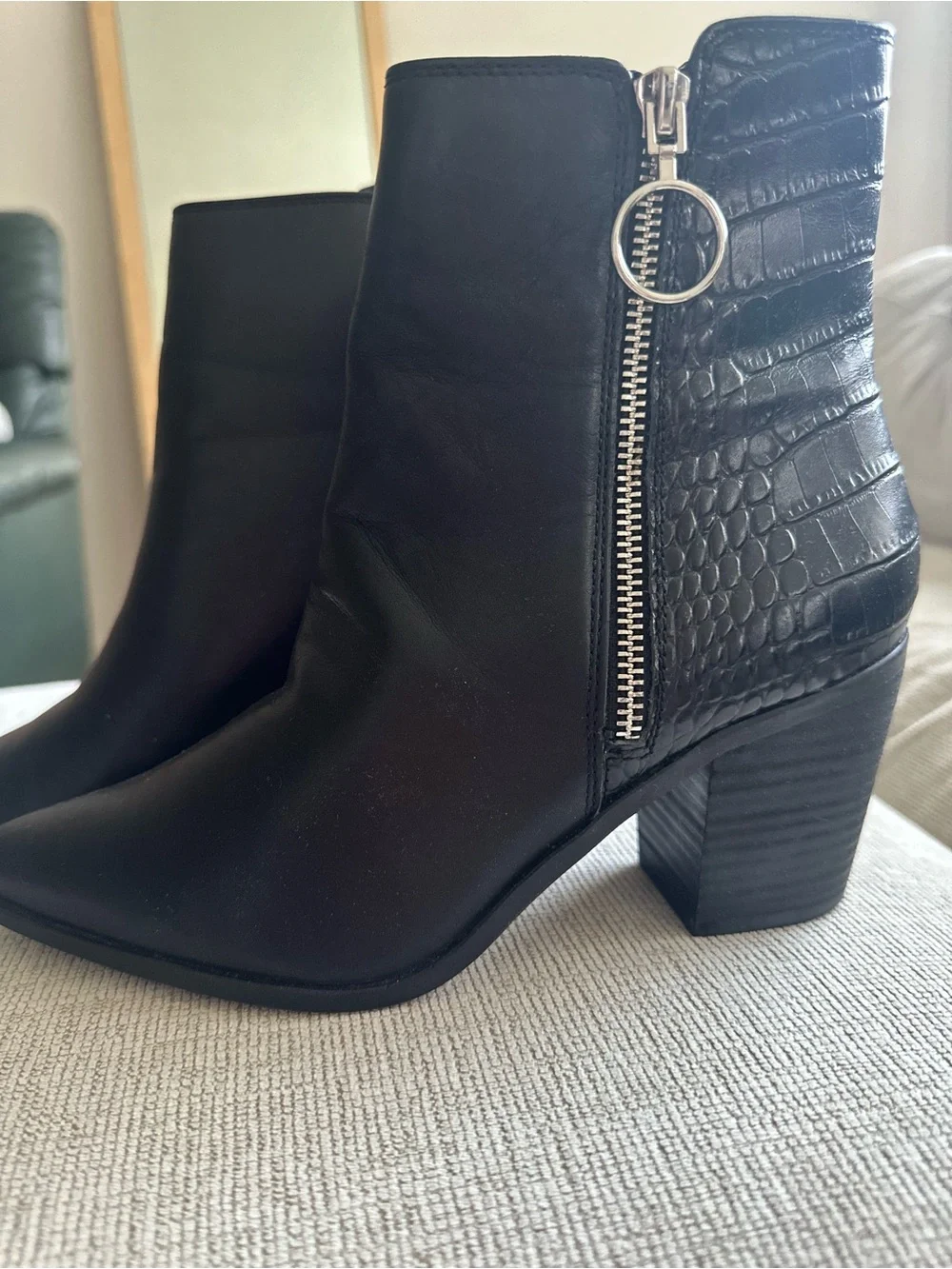 Aldo Leather Black Pointed Toe Ankle Boots with Croc-Embossed Heel